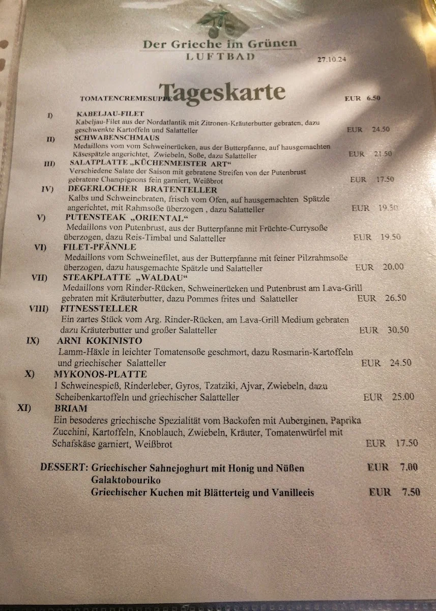 Luftbad Restaurant Der Grieche im Grünen – Speisekarte in Stuttgart, Baden-Württemberg