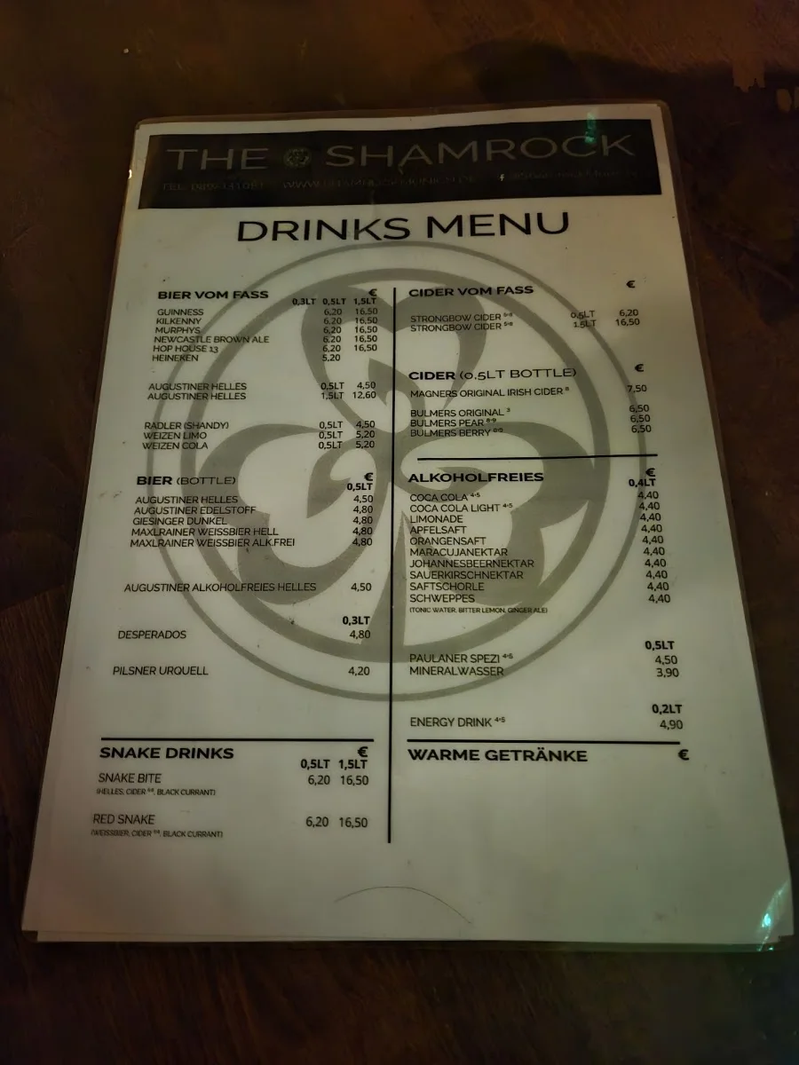 Shamrock Pub – Speisekarte in München, Bayern