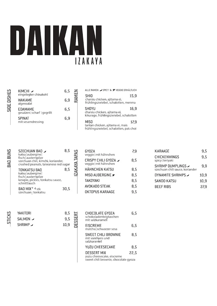 DAIKAN IZAKAYA (Belgisches Viertel) – Speisekarte in Köln, Nordrhein-Westfalen