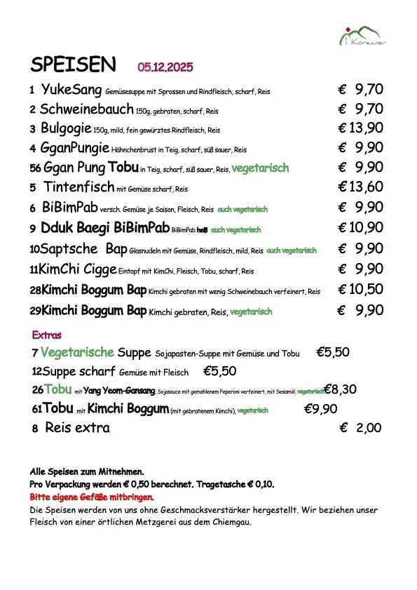 Zum Koreaner – Speisekarte in München, Bayern