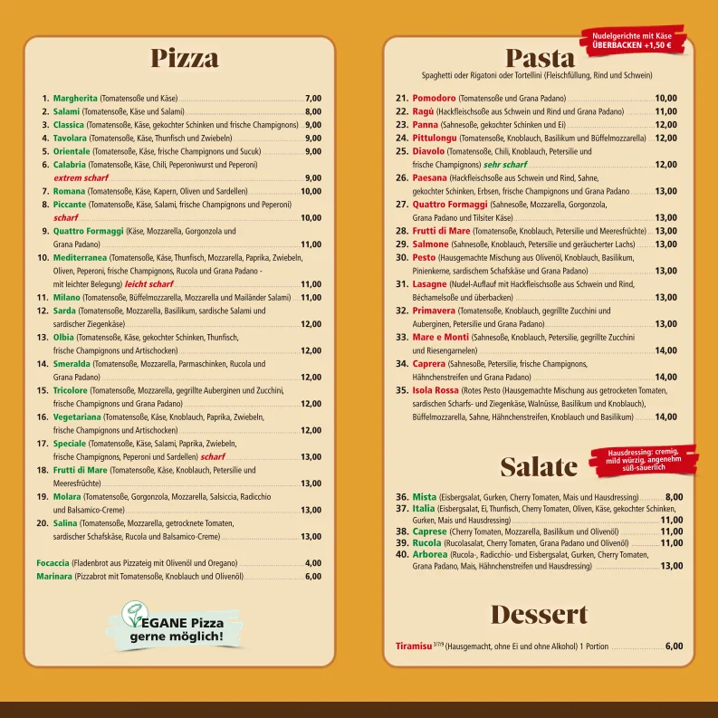 Pizzeria Olbia – Speisekarte in Frankfurt am Main, Hessen
