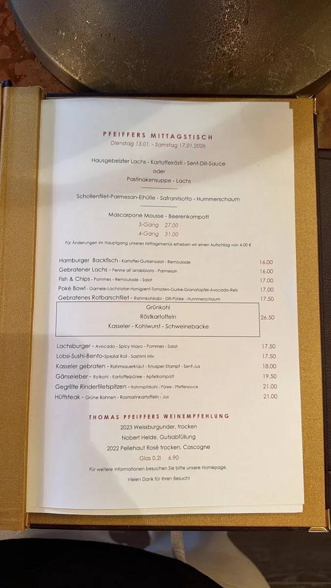das Pfeiffers Restaurant – Speisekarte in Hamburg