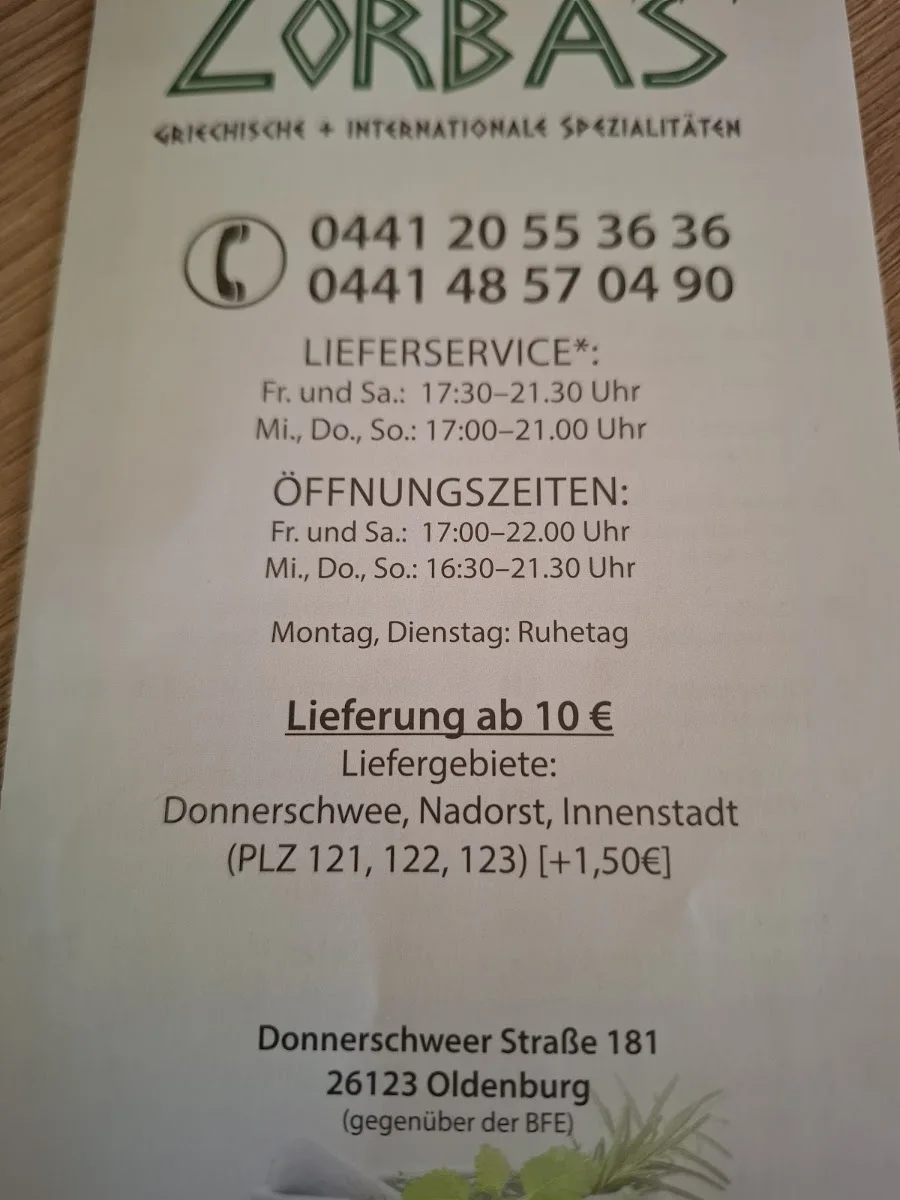 Restaurant Zorbas Oldenburg – Speisekarte in Oldenburg (Oldenburg), Niedersachsen
