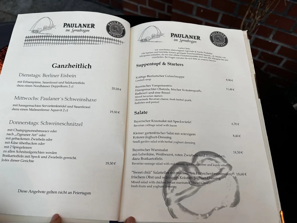 Paulaner im Spreebogen – Speisekarte in Berlin