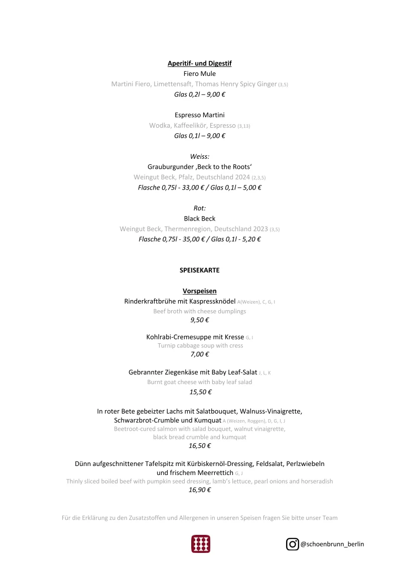 Restaurant & Biergarten Schoenbrunn – Speisekarte in Berlin