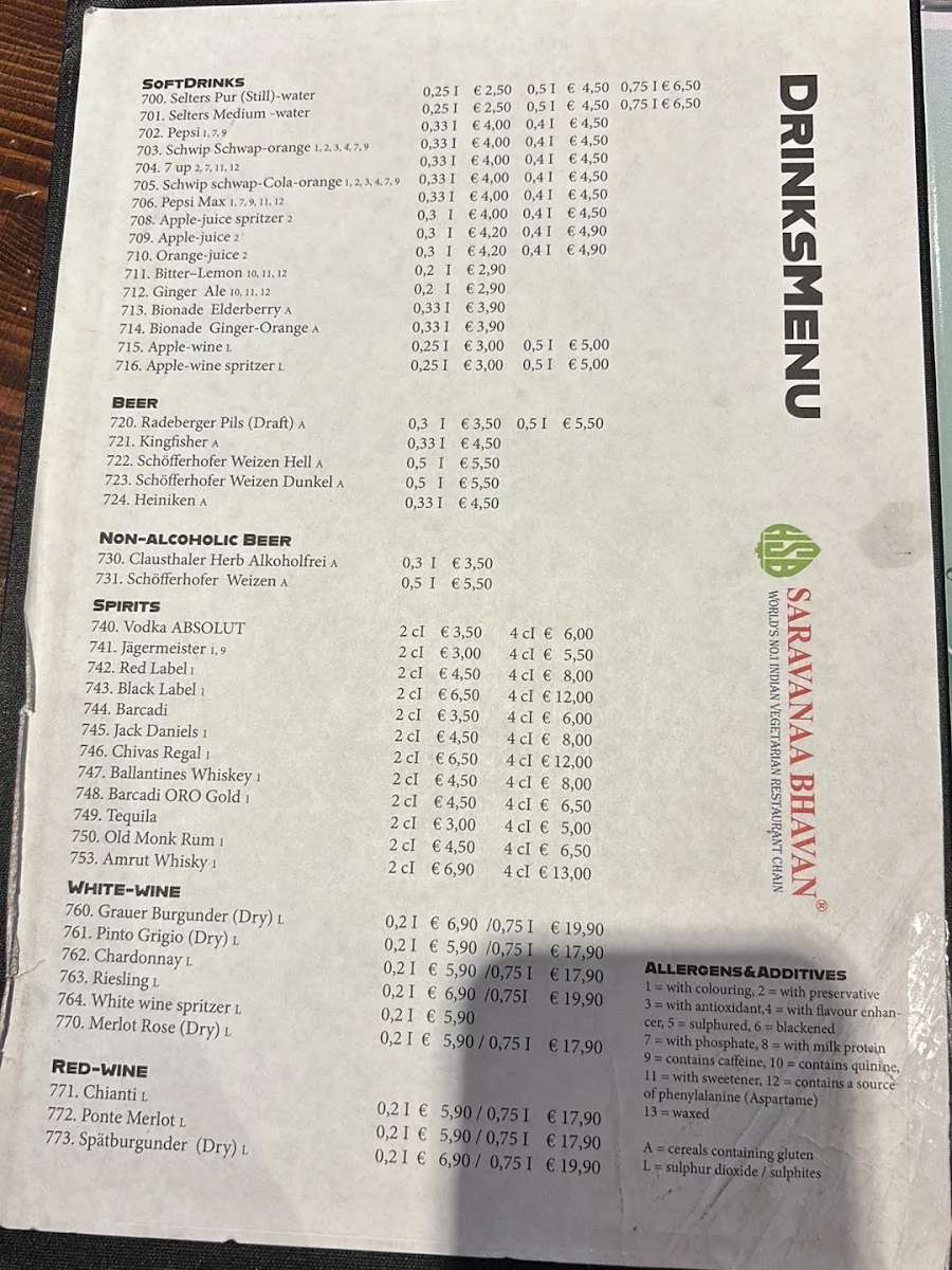 Saravanaa Bhavan – Speisekarte in Frankfurt am Main, Hessen