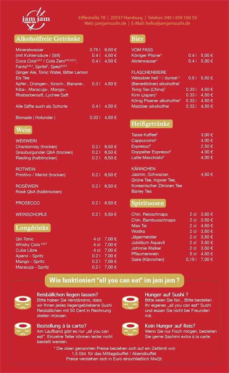 JamJam Running Sushi – Speisekarte in Hamburg