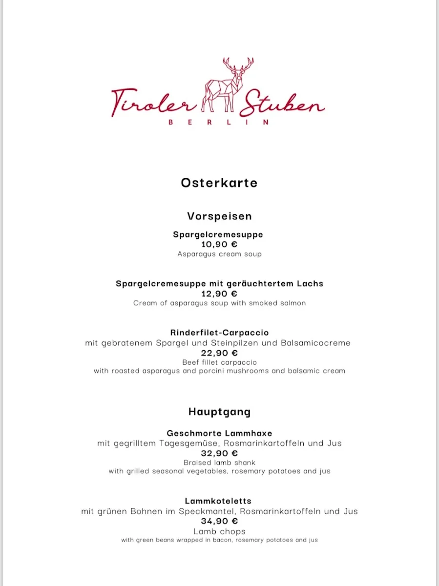 Tiroler Stuben Berlin – Speisekarte in Berlin