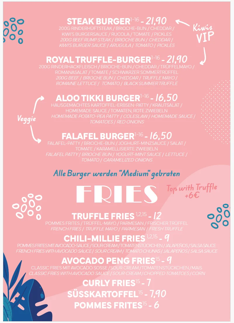 Kiwis – Restaurant • Bar • Events – Speisekarte in Frankfurt am Main, Hessen