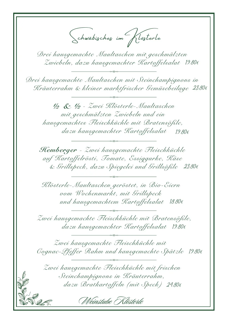 Weinstube Klösterle – Speisekarte in Stuttgart, Baden-Württemberg