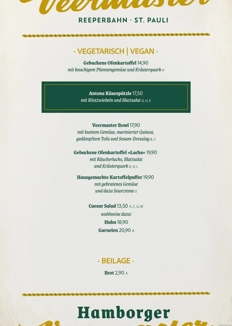 Hamborger Veermaster – Speisekarte in Hamburg