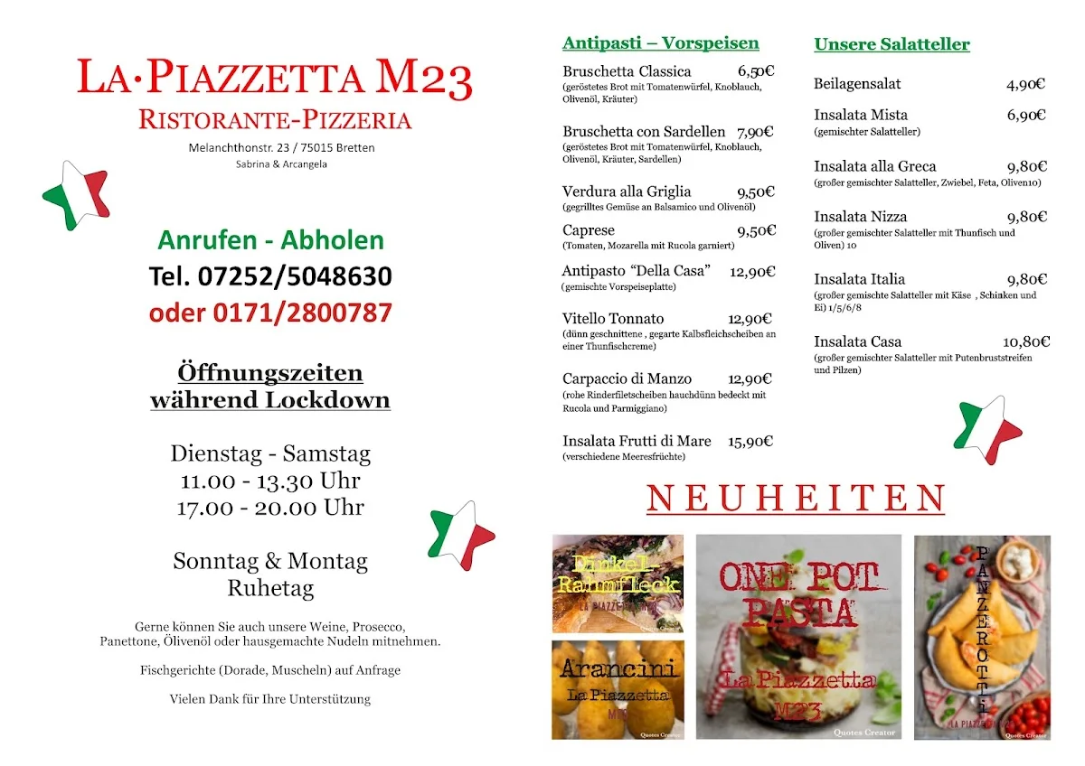 La Piazzetta M23 Ristorante-Pizzeria – Speisekarte in Bretten, Baden-Württemberg
