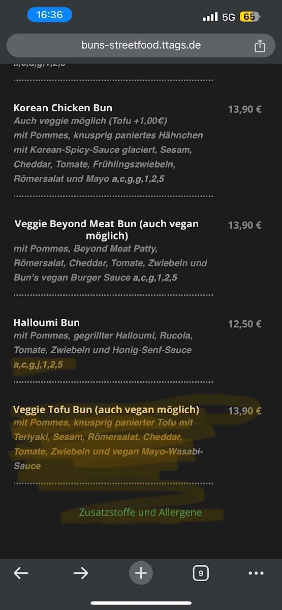 Bun‘s Streetfood – Speisekarte in Hamburg