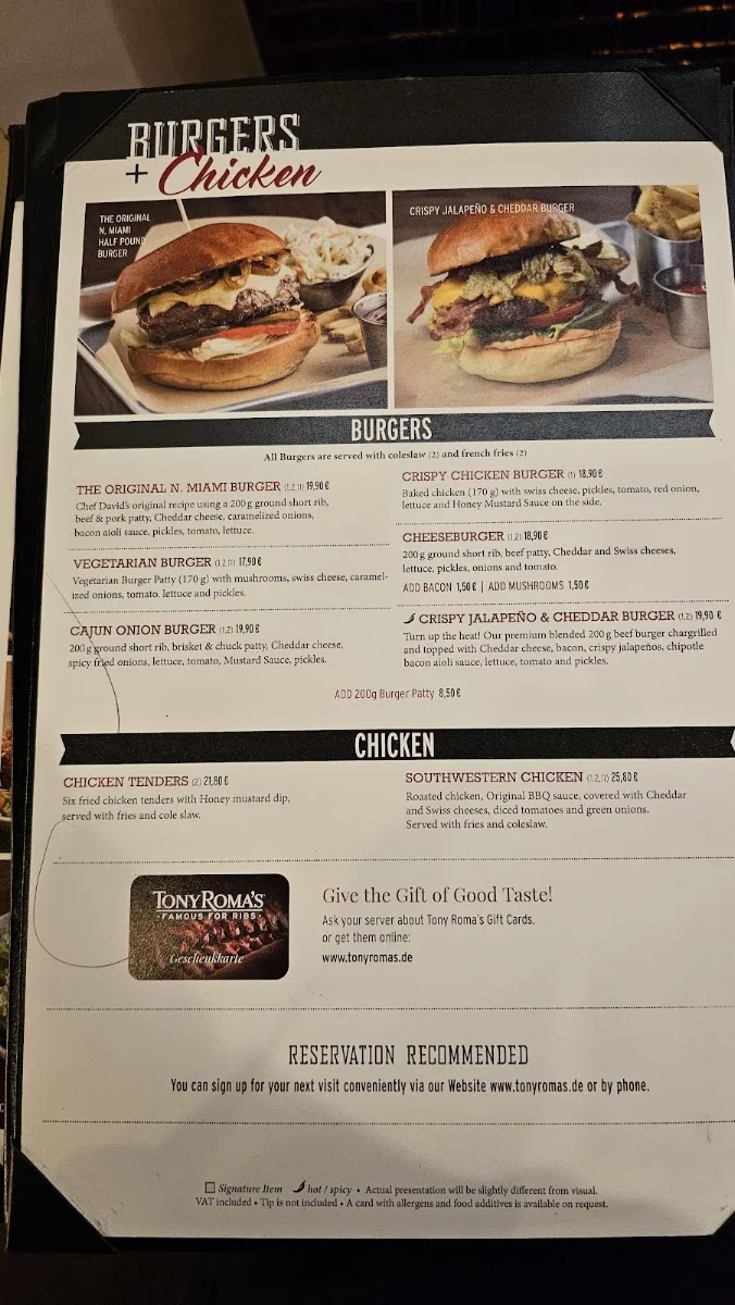 Tony Roma's Berlin – Speisekarte in Berlin