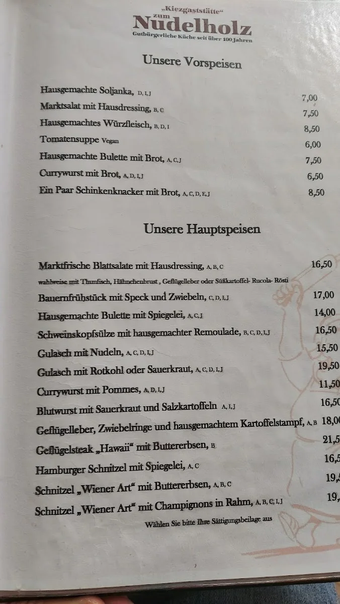 Kiezgaststätte "Zum Nudelholz" – Speisekarte in Berlin