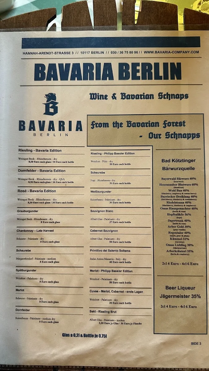 Bavaria Berlin – Speisekarte in Berlin