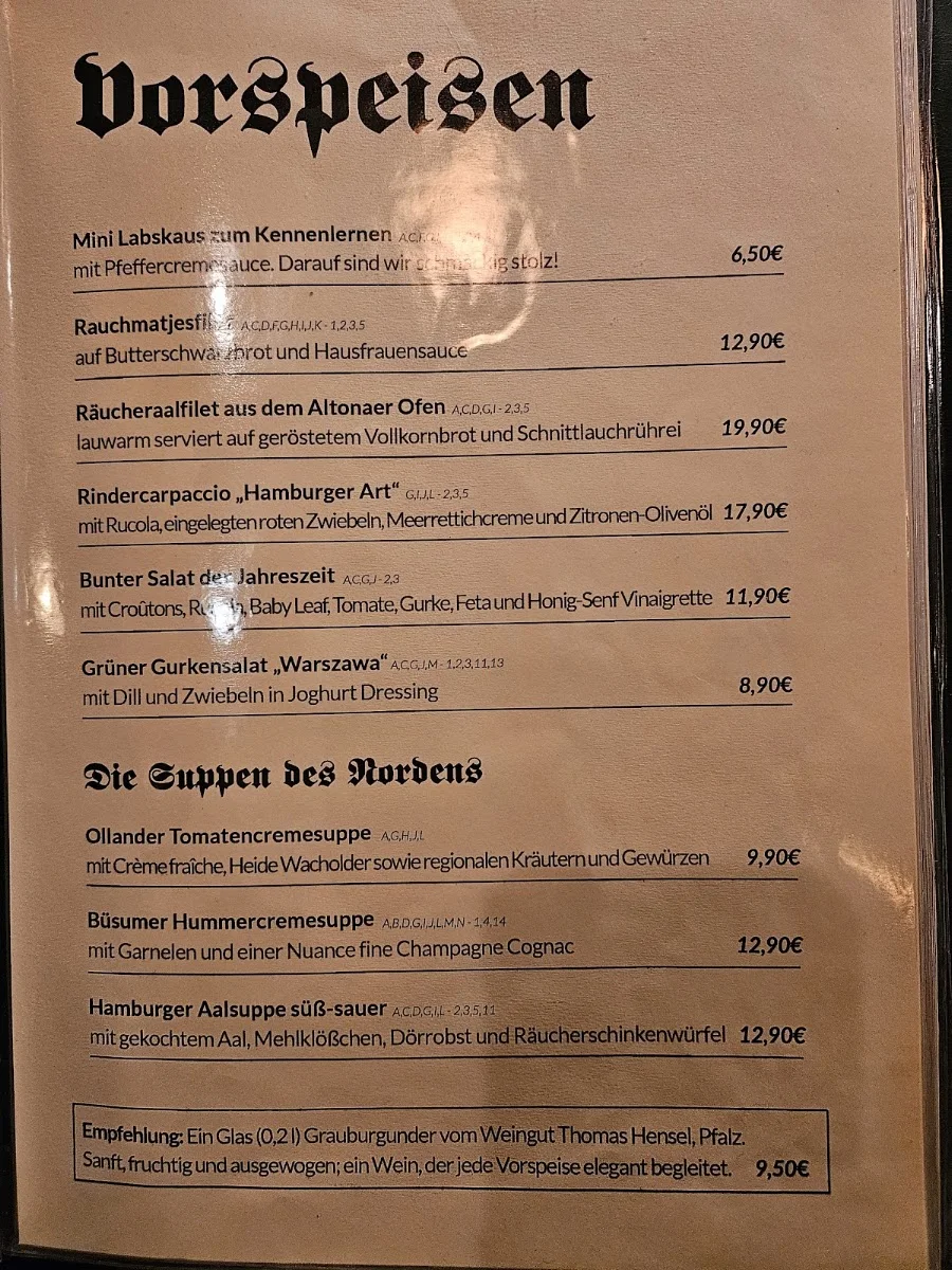 Old Commercial Room – Speisekarte in Hamburg