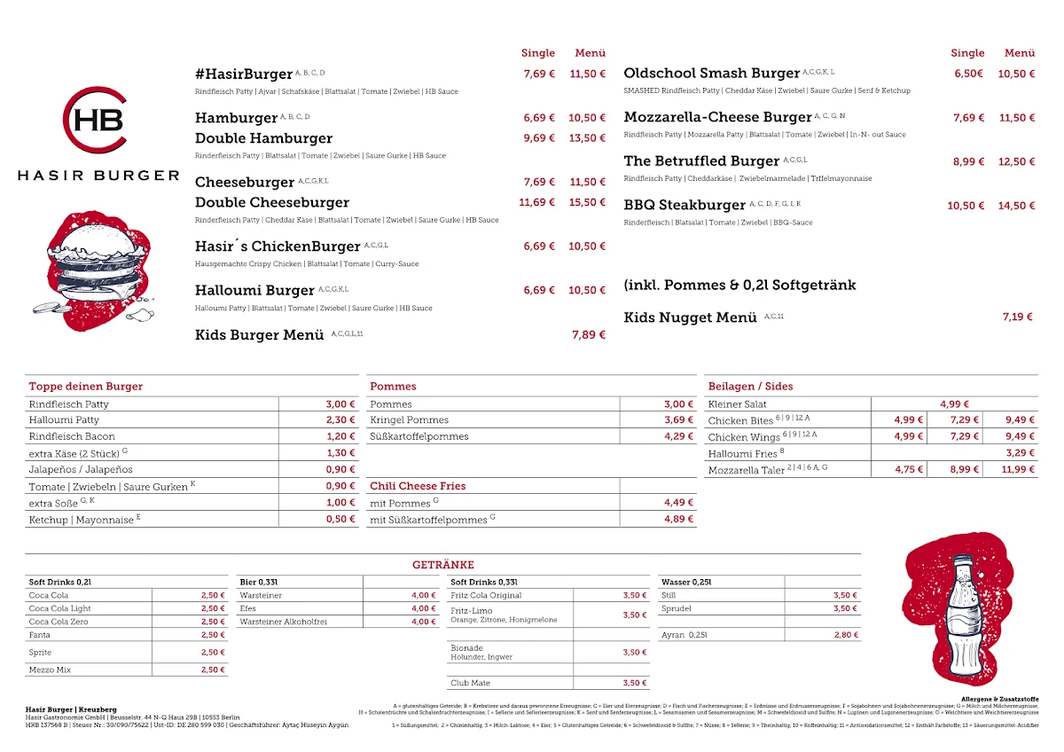 Hasir Burger – Speisekarte in Berlin
