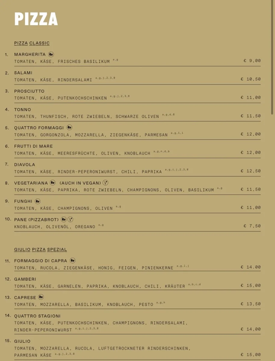 Pizzeria Giulio – Speisekarte in Frankfurt am Main, Hessen