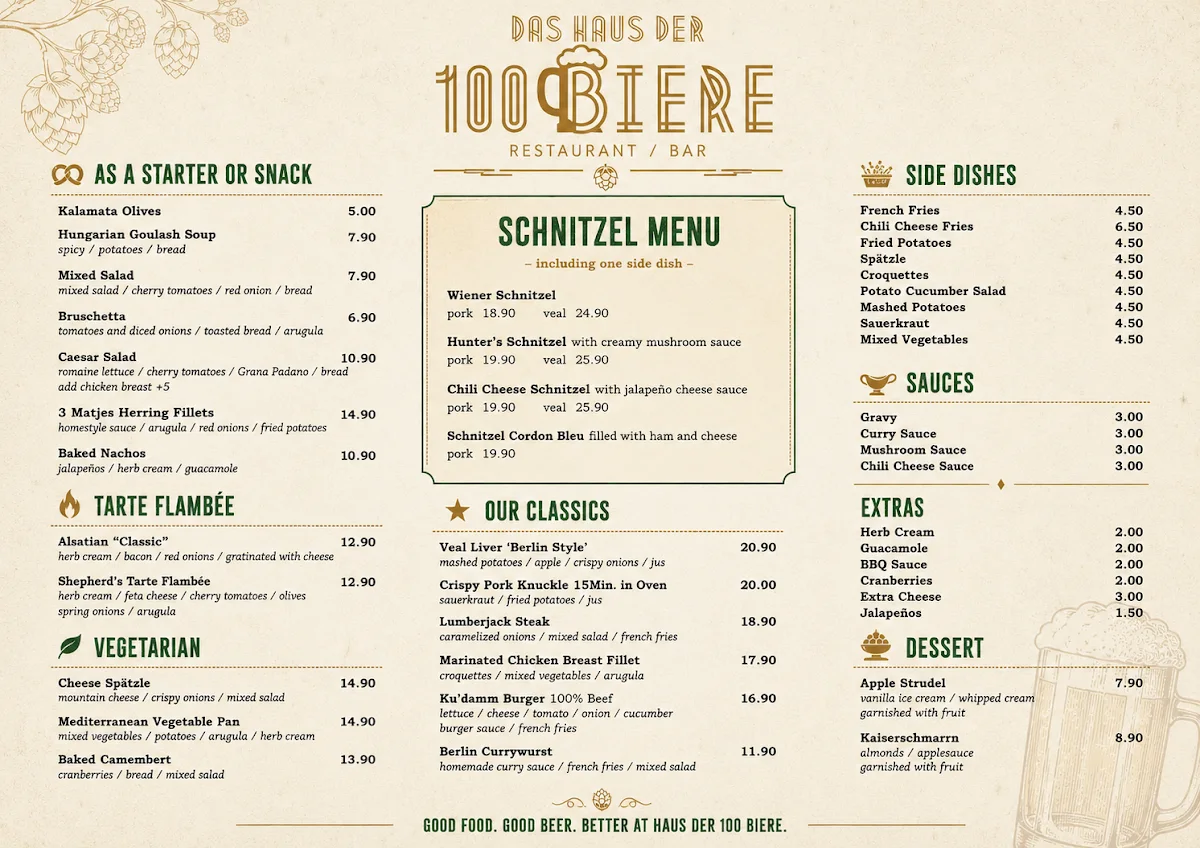 Das Haus der 100 Biere -Deutsches Restaurant und Bar – Speisekarte in Berlin