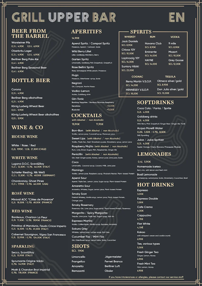 Upper Grill & Bar – Speisekarte in Berlin