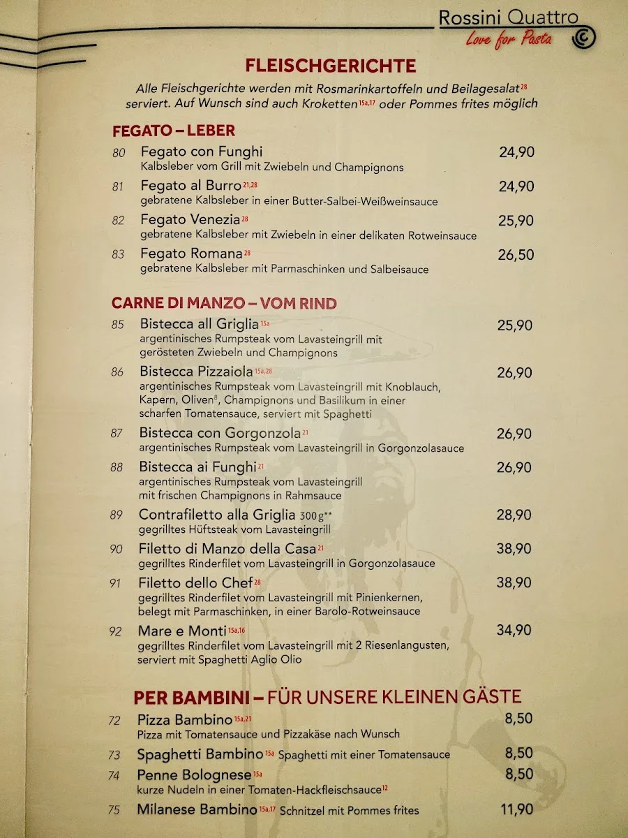 Rossini Quattro – Speisekarte in Berlin