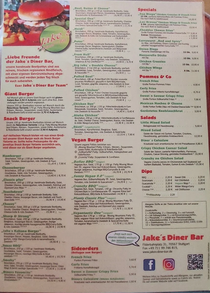 Jakes Diner Bar – Speisekarte in Stuttgart, Baden-Württemberg