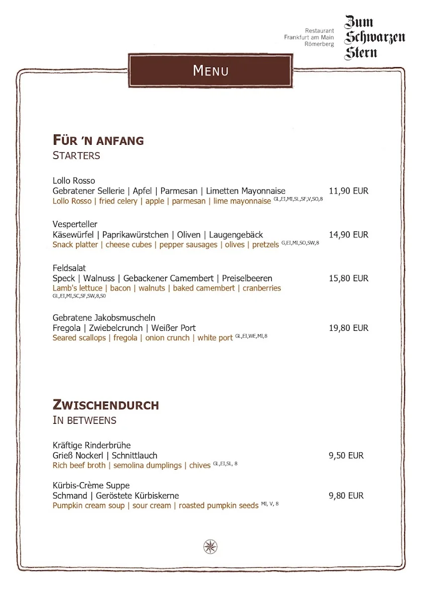 Schwarzer Stern – Speisekarte in Frankfurt am Main, Hessen