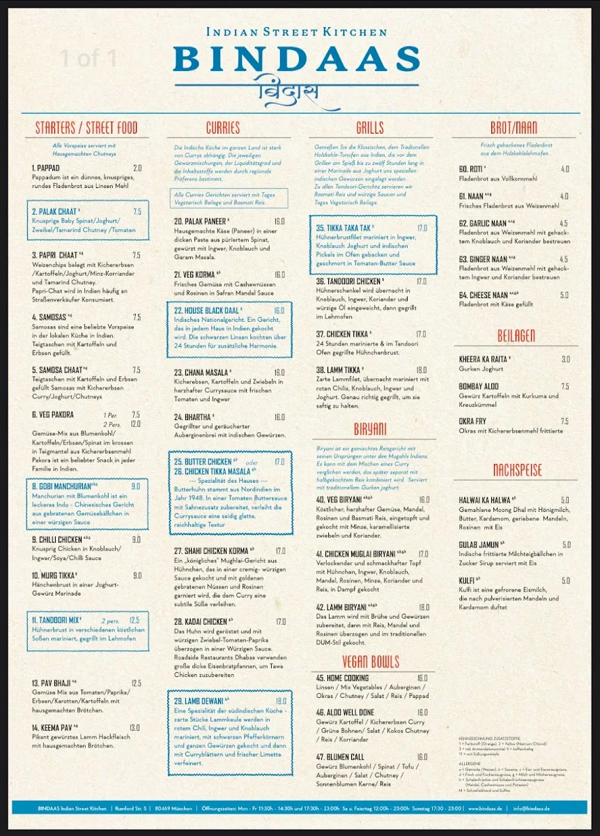 Bindaas – Speisekarte in München, Bayern