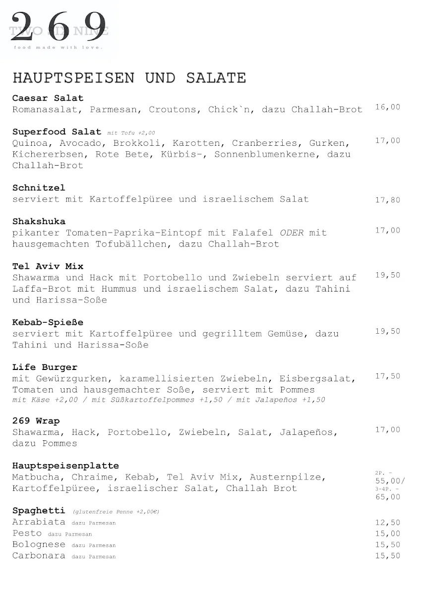 269 TwoSixNine Vegan Restaurant Frankfurt – Speisekarte in Frankfurt am Main, Hessen