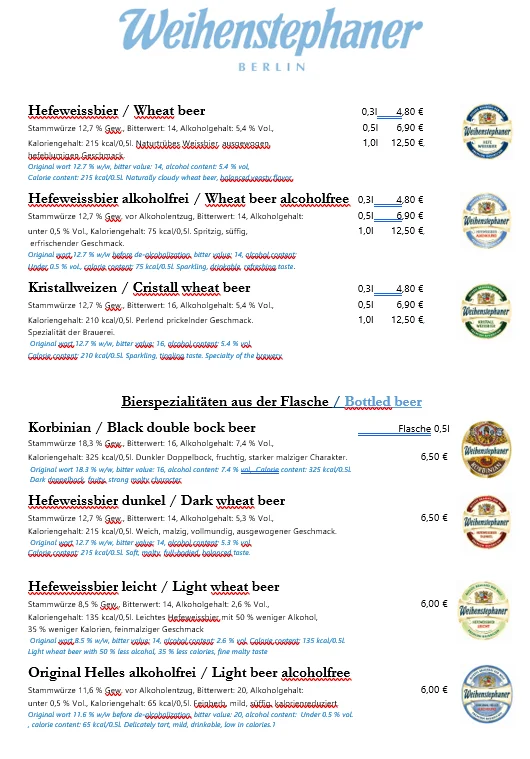 Weihenstephaner Berlin – Speisekarte in Berlin