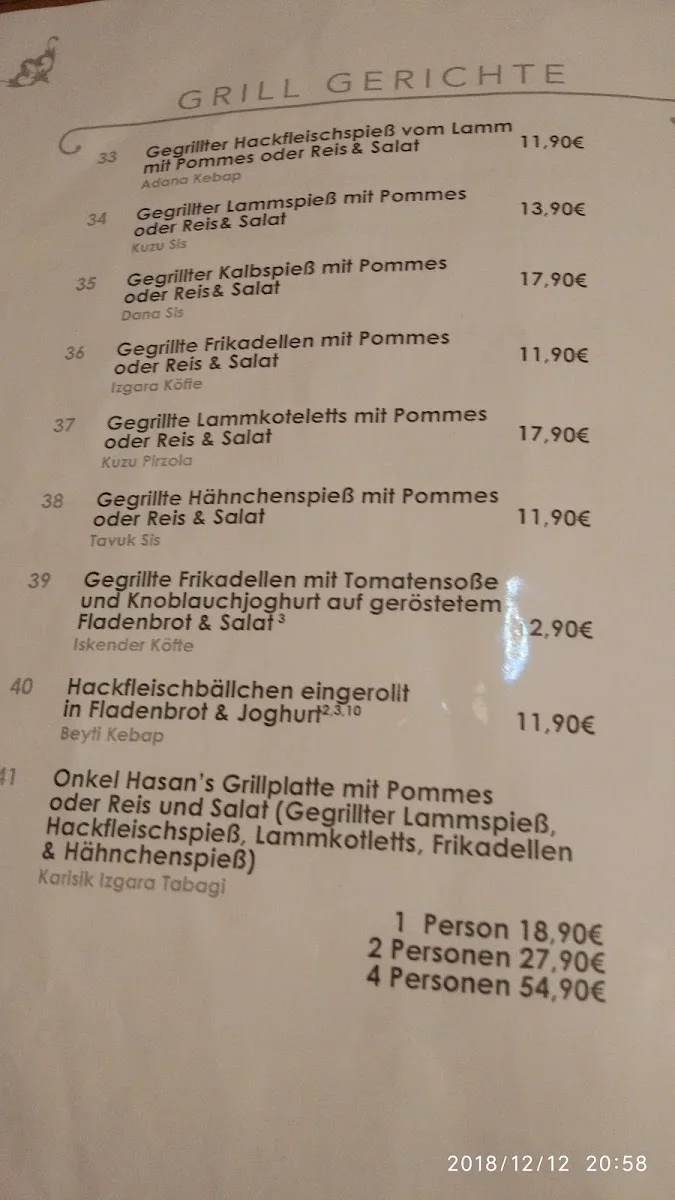 Onkel Hasan's Grillhaus – Speisekarte in Stuttgart, Baden-Württemberg