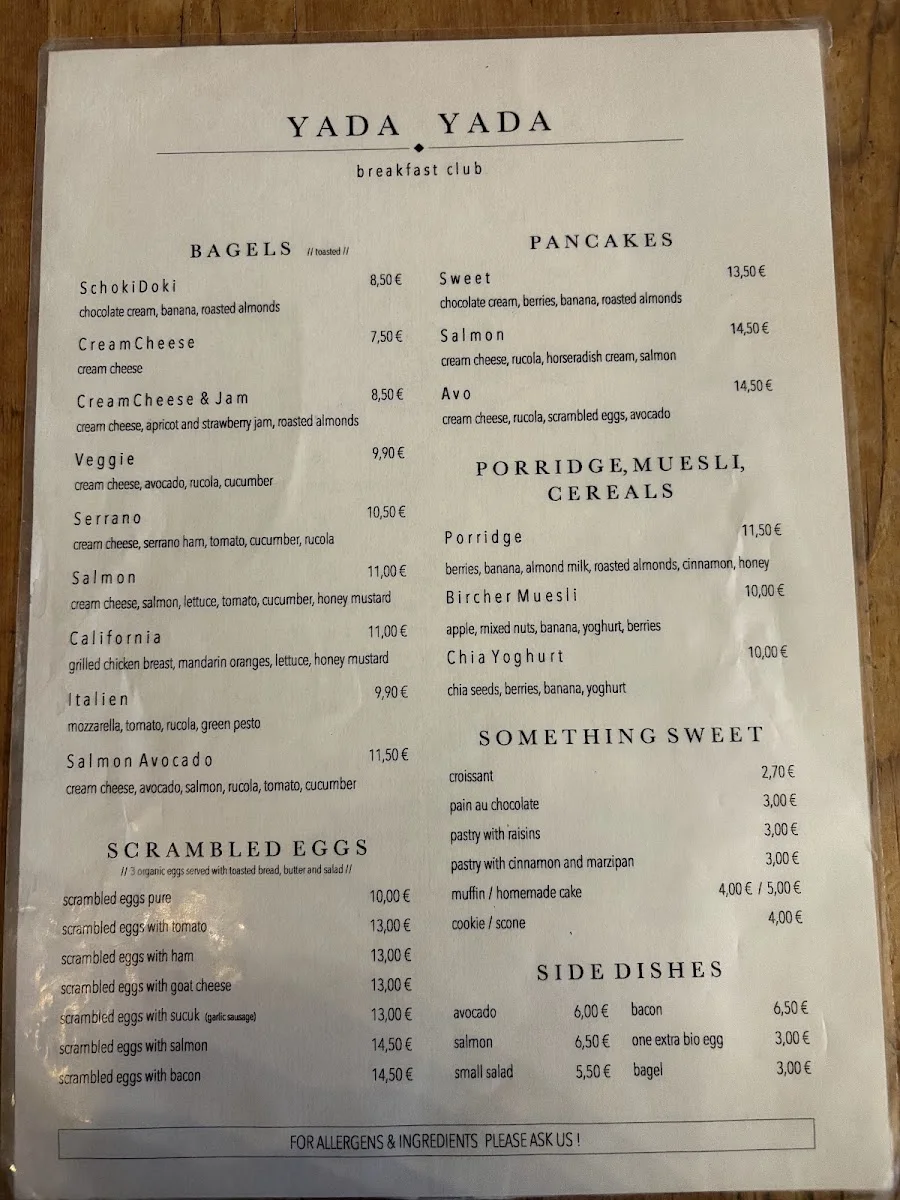 YADA YADA "breakfast club" – Speisekarte in Berlin