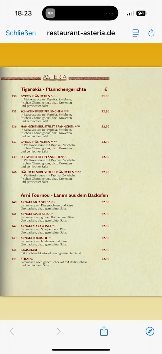 Restaurant Asteria Köpenick – Speisekarte in Berlin