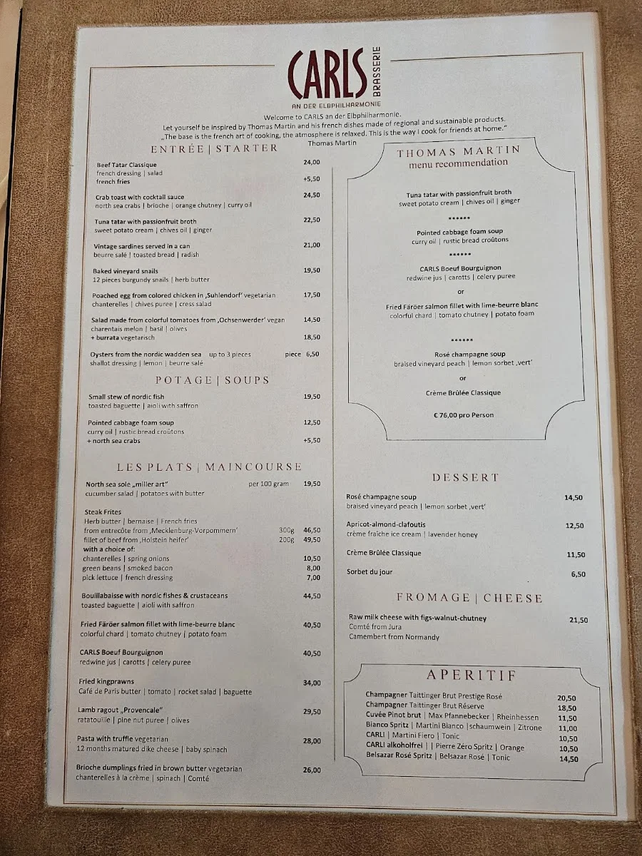 CARLS Brasserie – Speisekarte in Hamburg