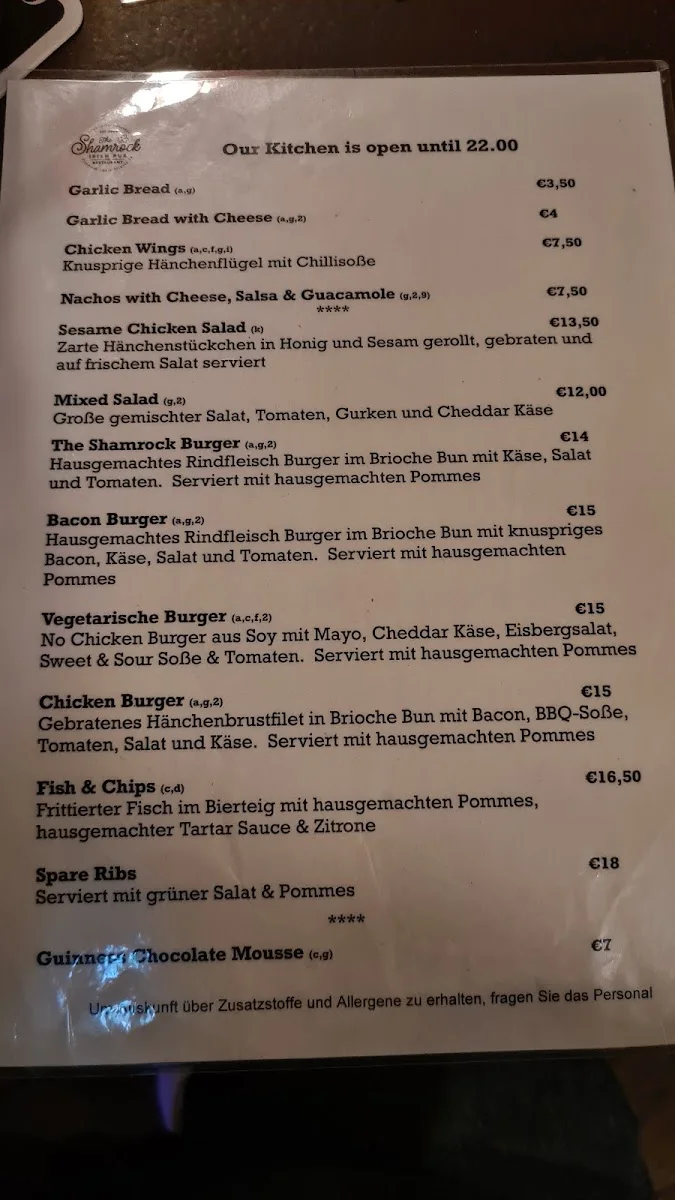 The Shamrock - Irish Pub Kassel – Speisekarte in Kassel, Hessen