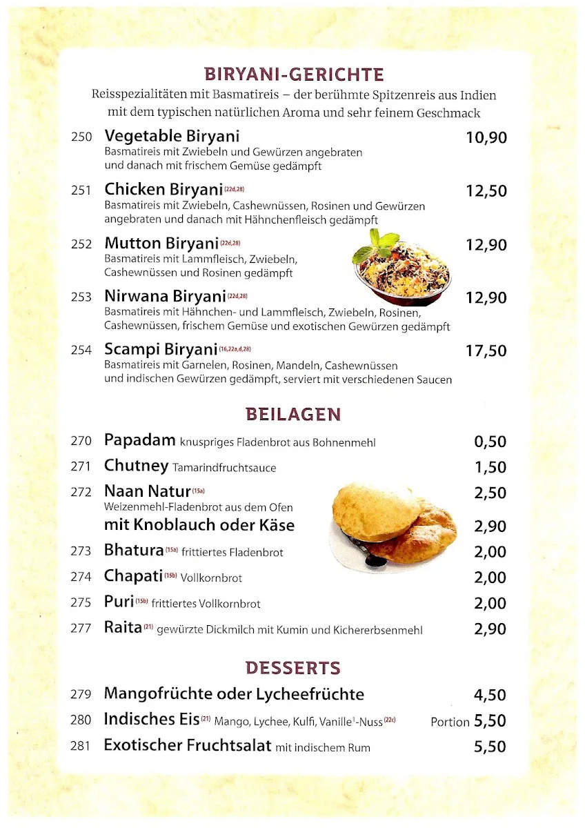 Nirwana – Speisekarte in Berlin