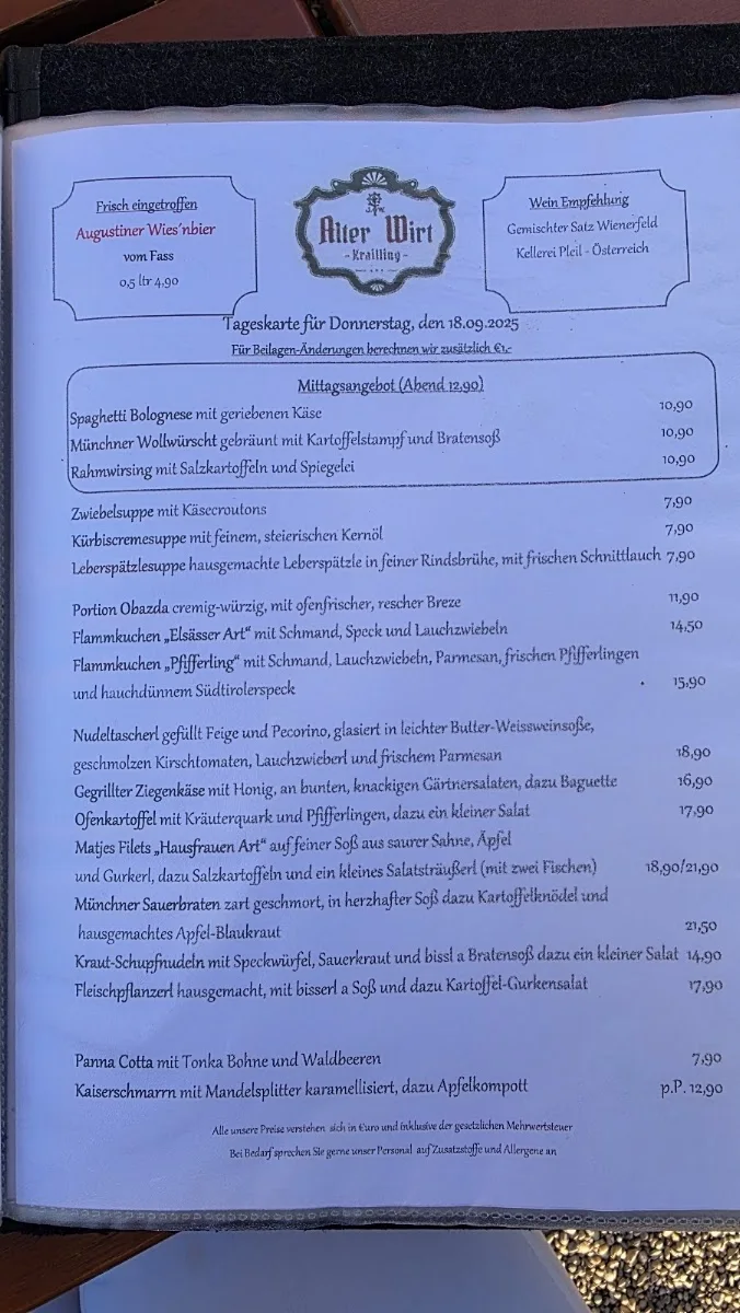 Gaststätte Alter Wirt – Speisekarte in Krailling, Bayern
