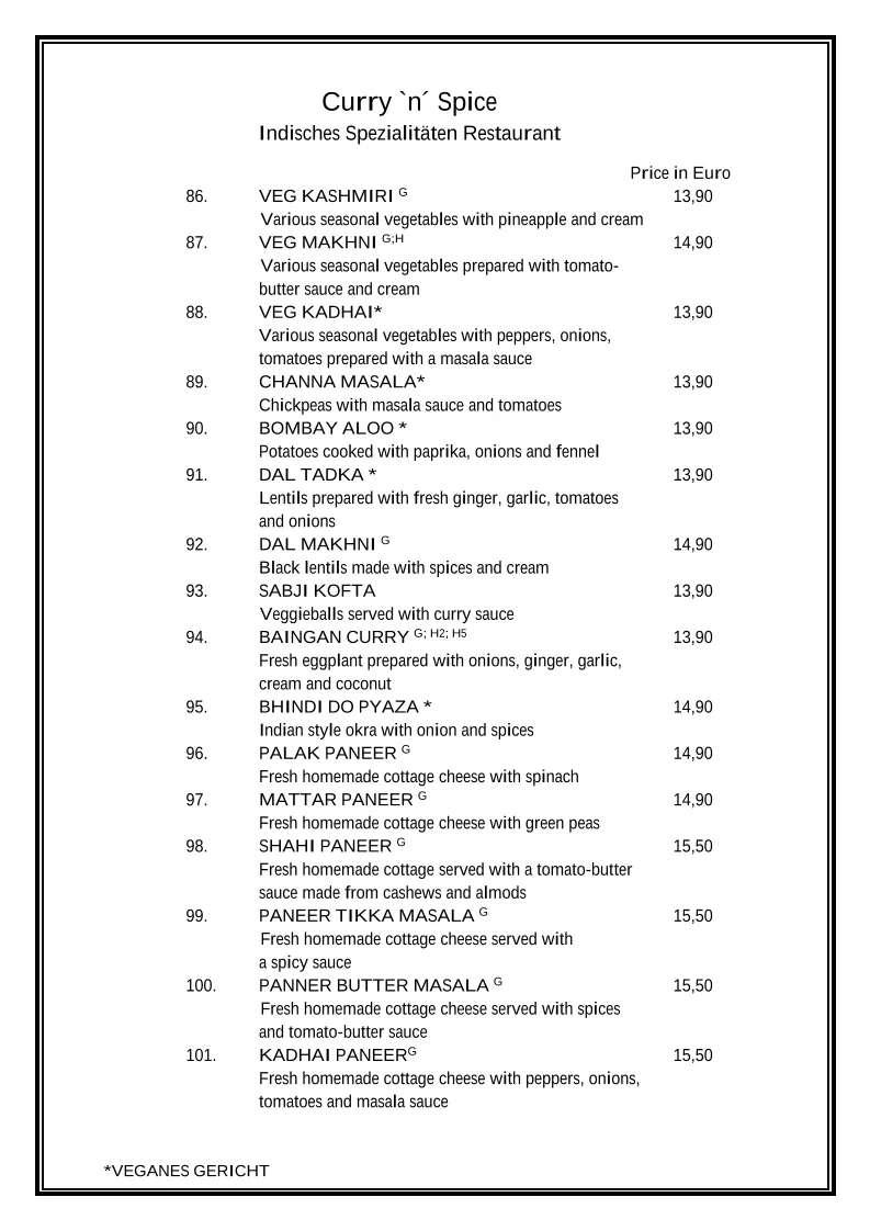 Curry `n´ Spice Indisches Spezialitäten Restaurant Leverkusen – Speisekarte in Leverkusen, Nordrhein-Westfalen