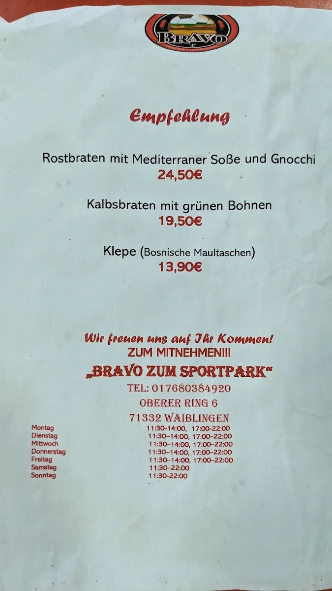 FSV Sportpark Bravo – Speisekarte in Waiblingen, Baden-Württemberg