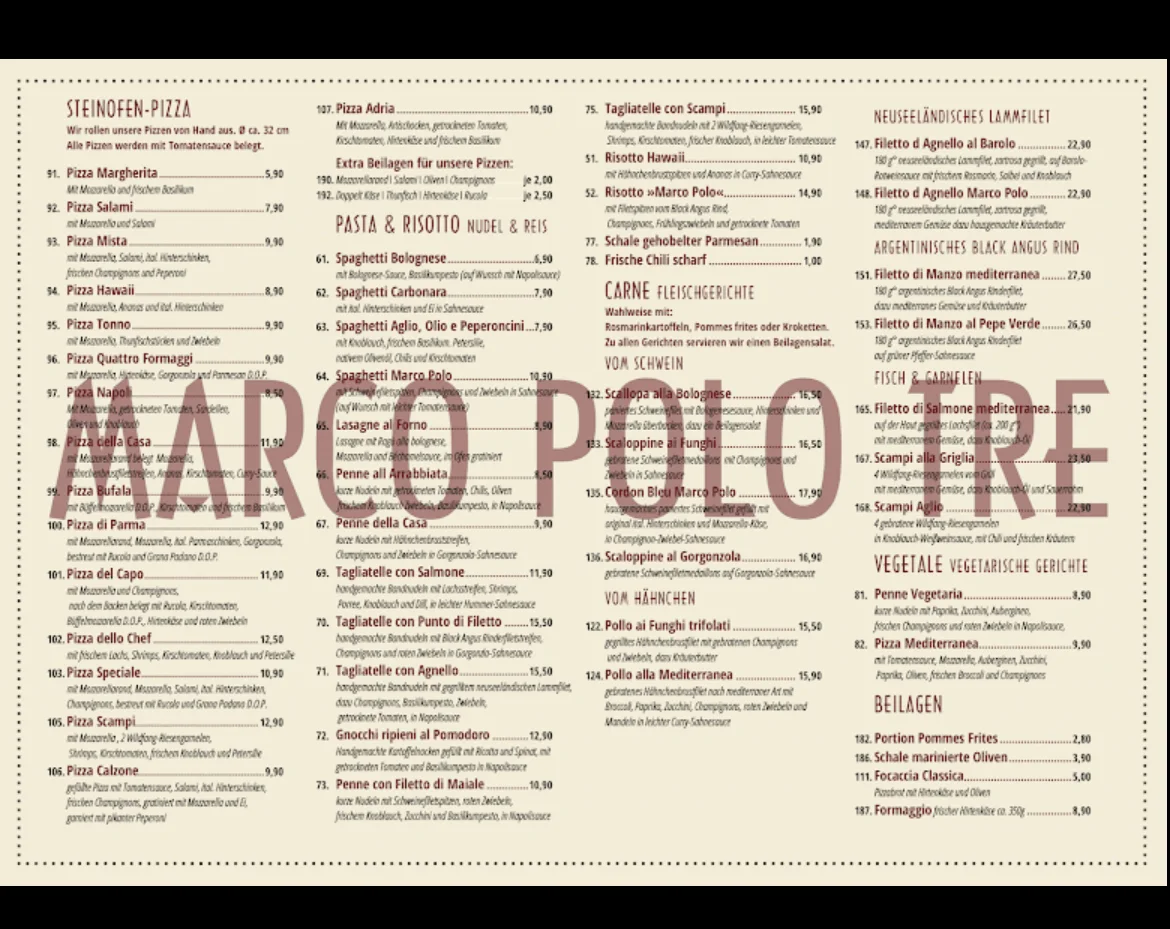 Marco Polo Tre – Speisekarte in Berlin