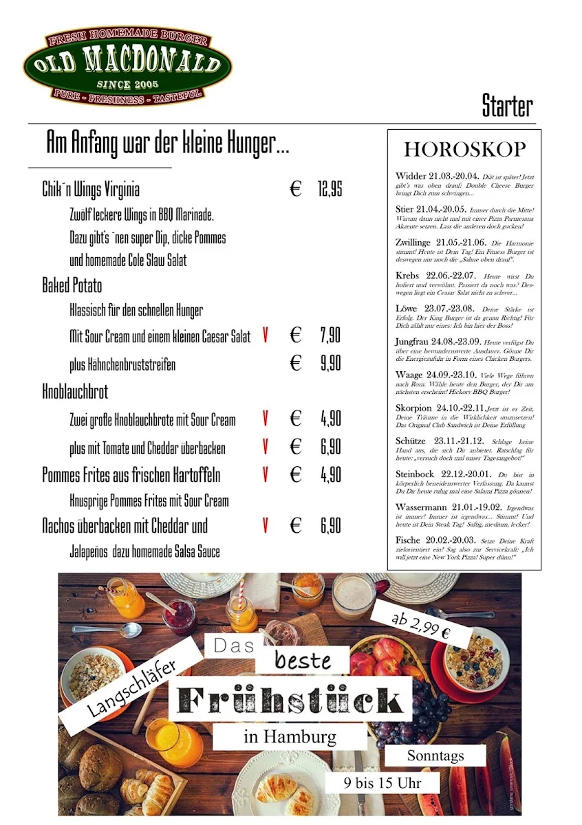 Old MacDonald Burger-Restaurant, Biergarten und Sportsbar – Speisekarte in Hamburg