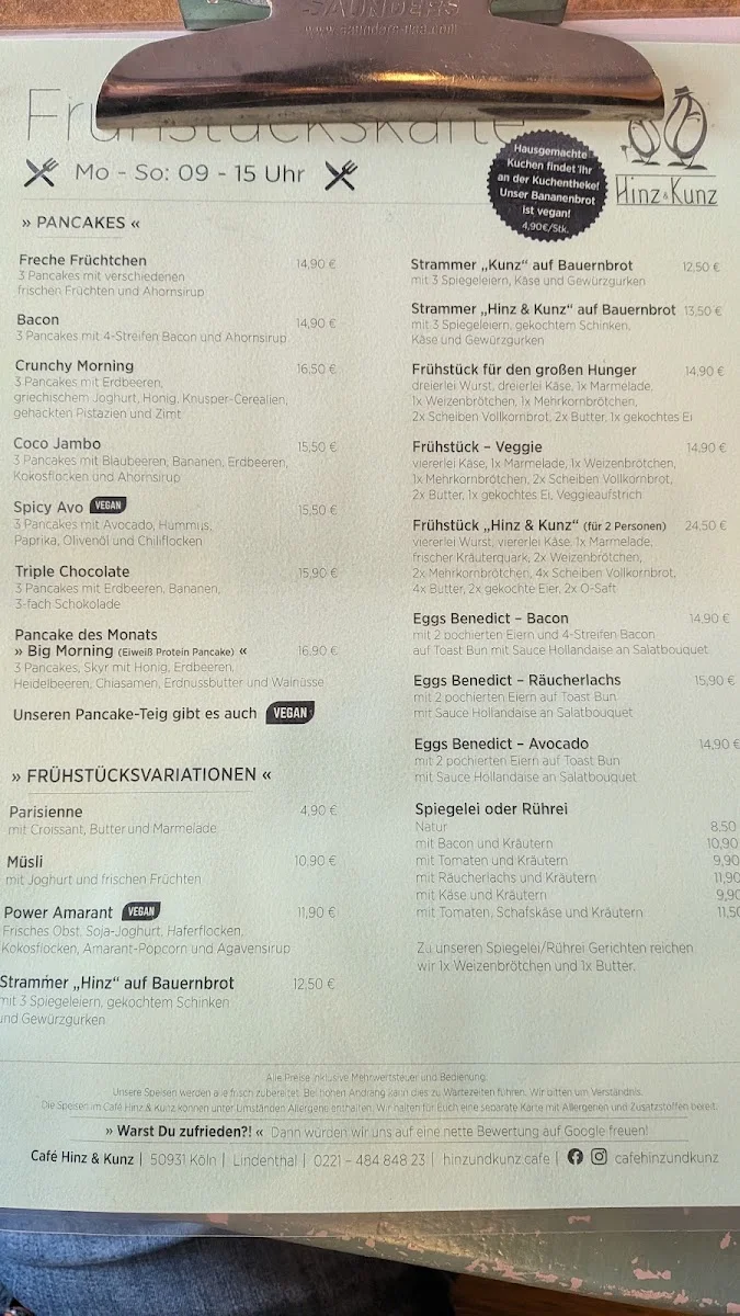 Café Hinz & Kunz Frühstück – Speisekarte in Köln, Nordrhein-Westfalen