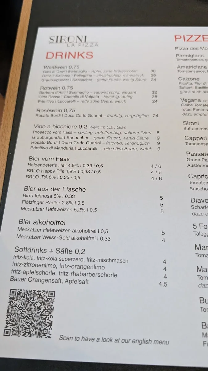 Sironi – La Pizza – Speisekarte in Berlin