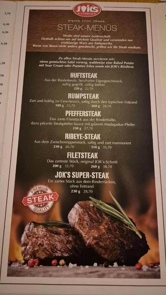 Jok's Steakhouse – Speisekarte in Hamburg