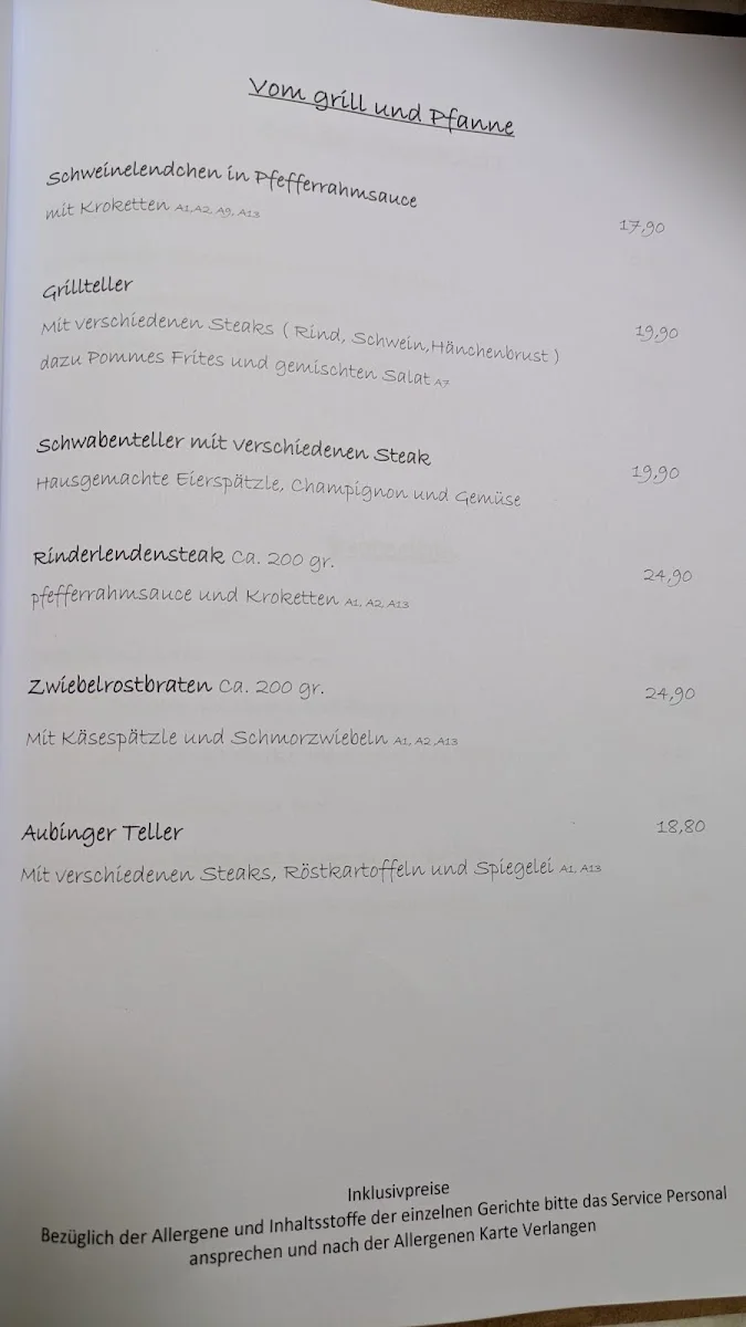 Restaurant Zur Aubinger Einkehr – Speisekarte in München, Bayern