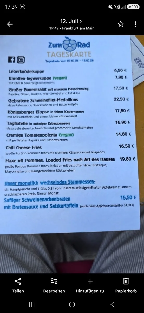 Zum Rad – Speisekarte in Frankfurt am Main, Hessen