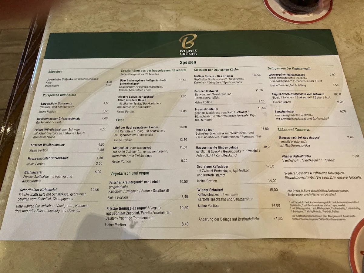 Wernesgrüner B – Speisekarte in Berlin