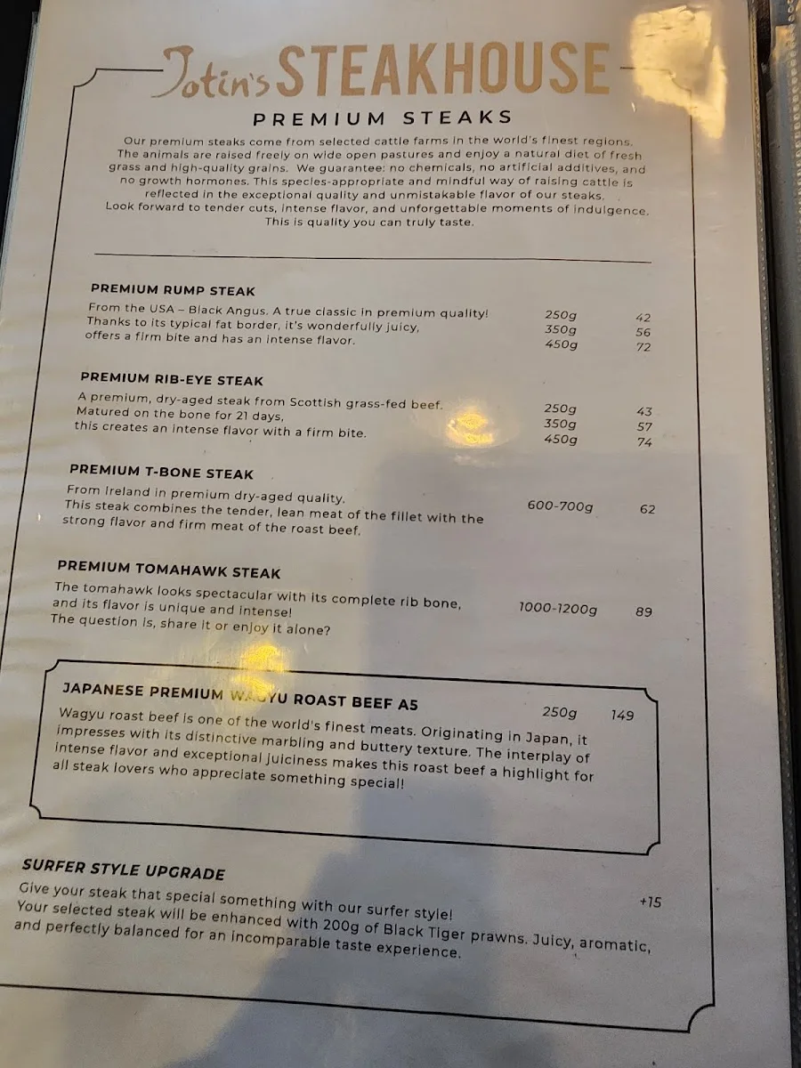 Jotin‘s STEAKHOUSE St.Georg – Speisekarte in Hamburg