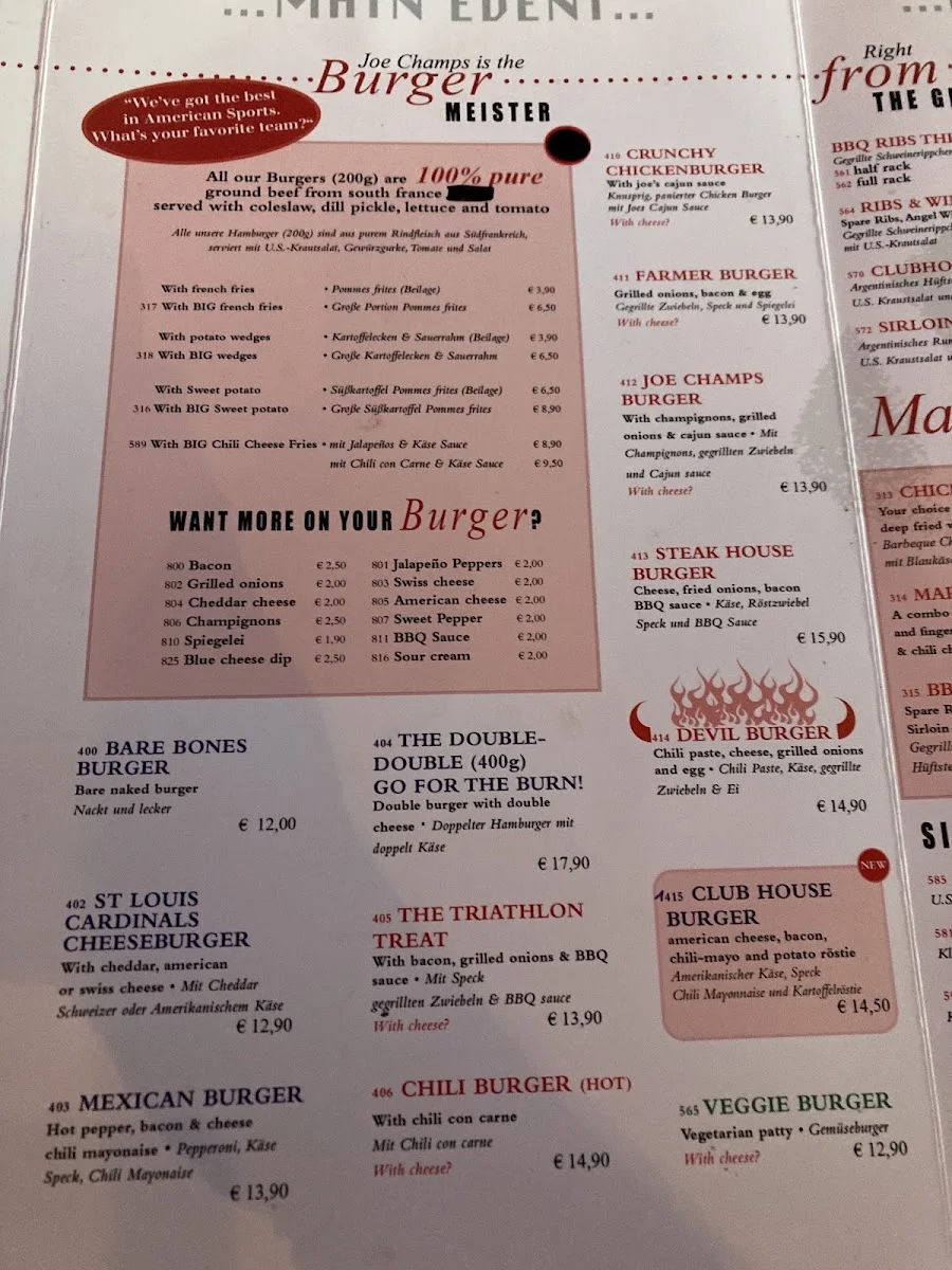 Joe Champs – Speisekarte in Köln, Nordrhein-Westfalen
